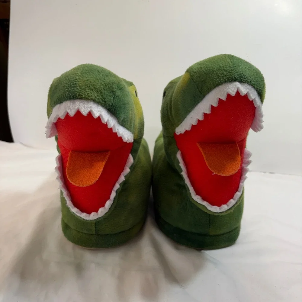 Old Navy Kids Green Dinosaur T-Rex Plush Slippers‎ XXL (5-6) Non-Slip Soles